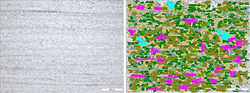 Representación cromática de los distintos tamaños de grano en un acero inoxidable austenítico detectados en la micrografía analizada.