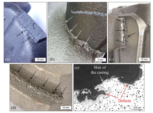 Hot spot defects in different ductile iron castings and metallographic cross section of two hot spot holes