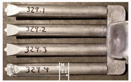 Ablated test pieces, with the location of the thermocouple (T1 at 130 mm) and the cross section cut to analyse the microstructure (M at 90 mm).