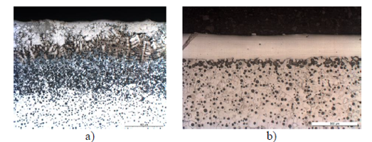 a) Resulting microstructure of the reaction of cast iron with the Ni coating; and b) resulting microstructure after L-DED deposition over the Ni coating.